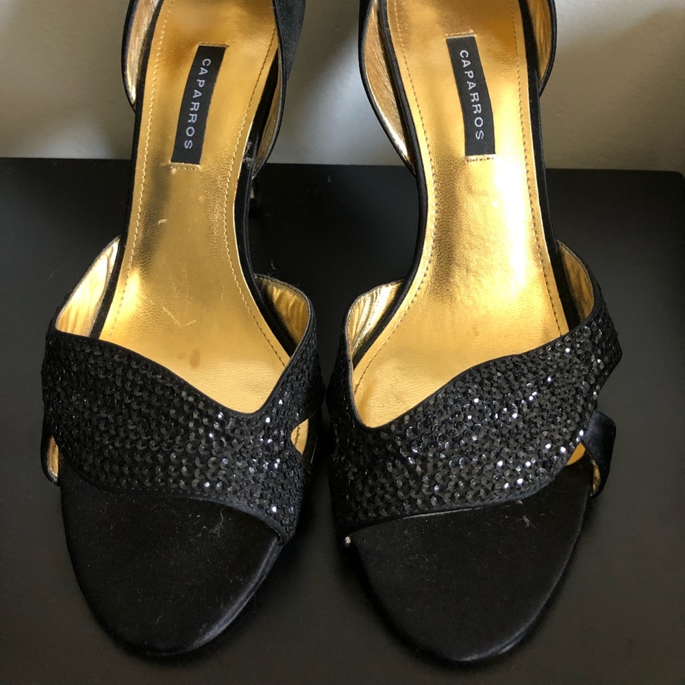 NWOT Caparros Black Beaded Open Toe Heels, 8.5